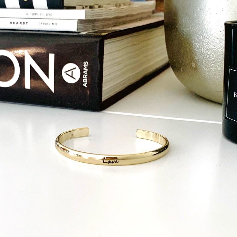 14K Gold Plated Sterling Silver Engraved “Love” Cuff Bracelet - Picture 2 of 6